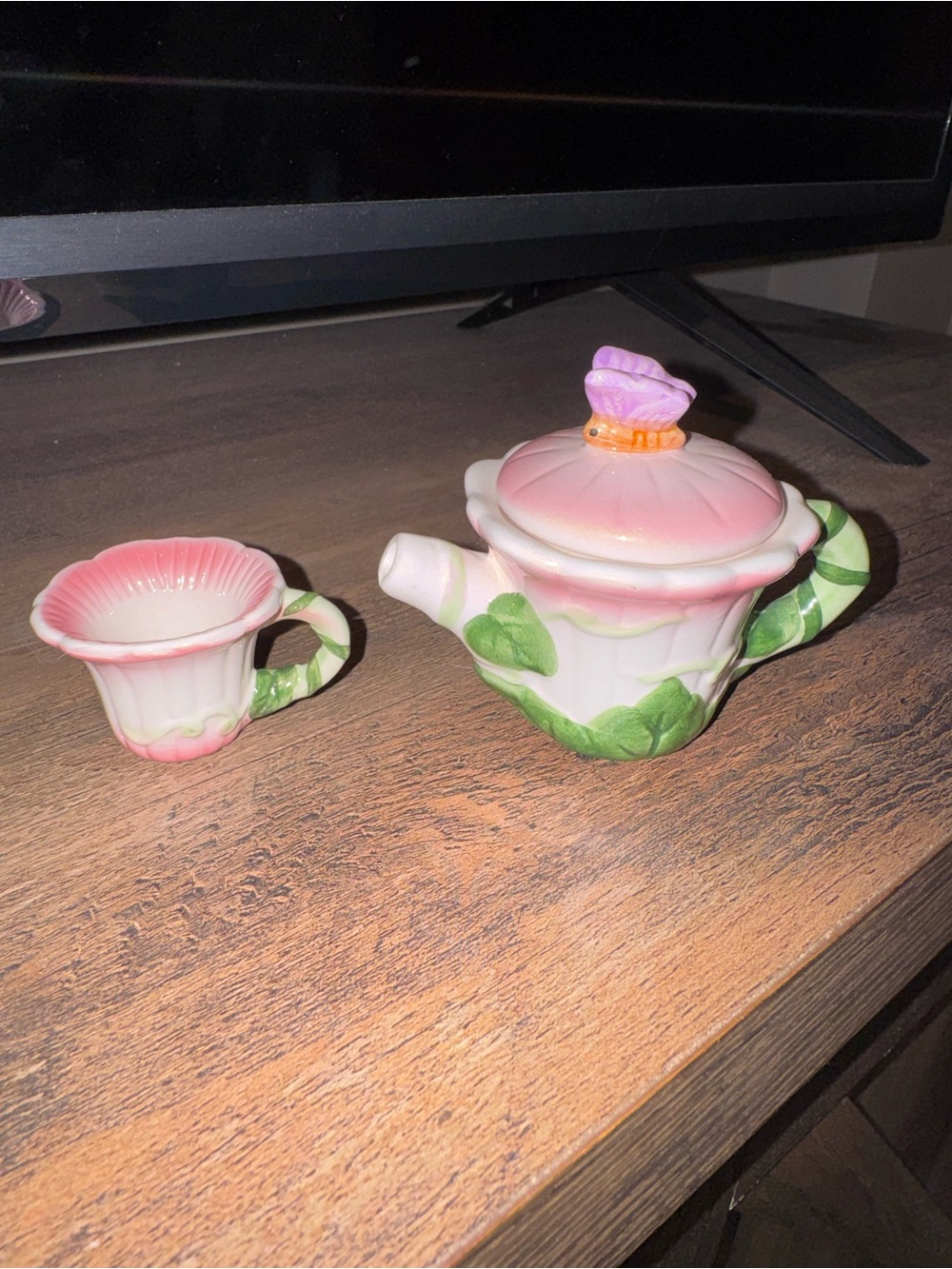 Mini Glazed Ceramic Tea Set Pink Floral Teapot w/ Lid & Matching Cup (2pc)